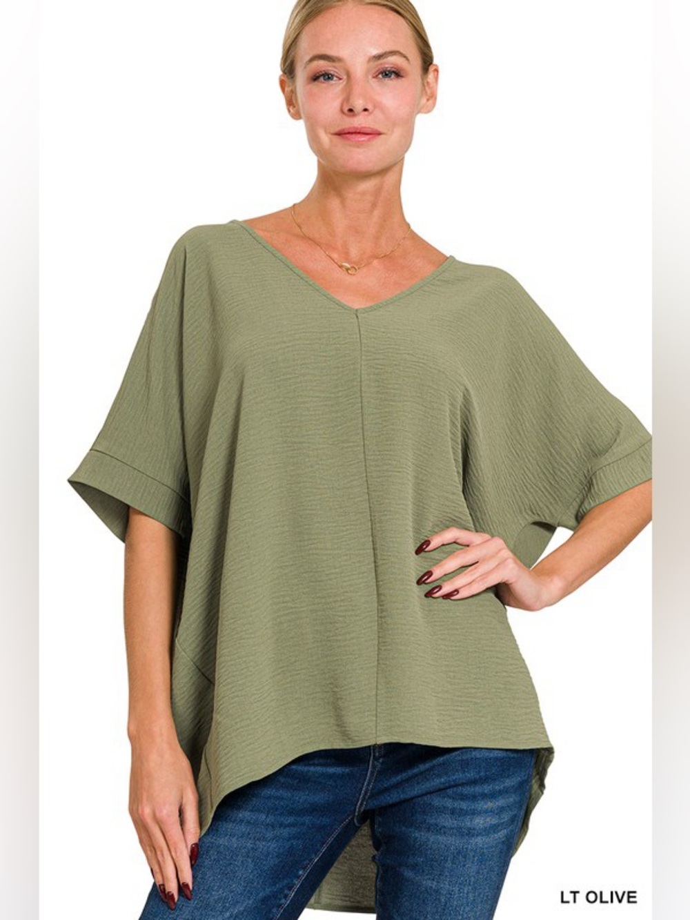 LIGHT OLIVE WOVEN AIRFLOW V-NECK DOLMAN SHORT SLEEVE TOP